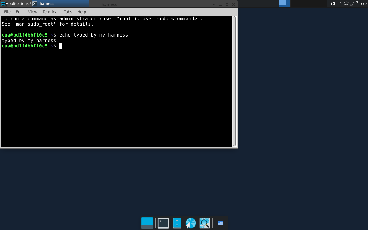 The sandbox desktop after the program ran: a terminal titled harness shows the typed command and its output