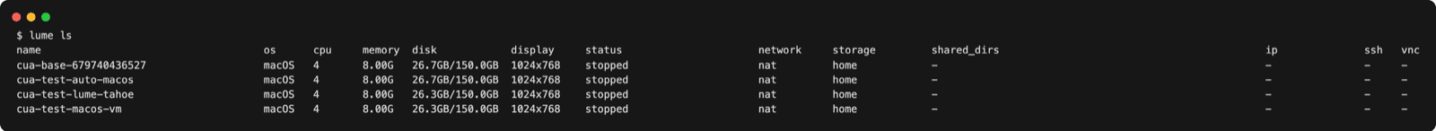 lume ls listing local macOS VMs
