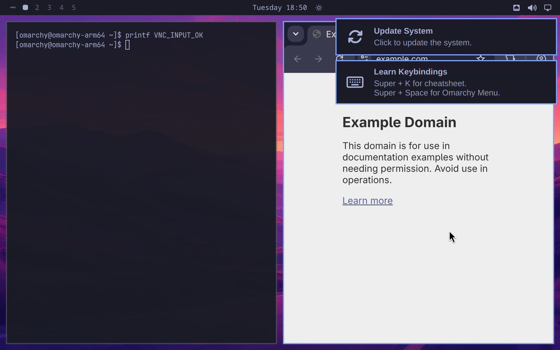 Chromium loading example.com in the Omarchy VM