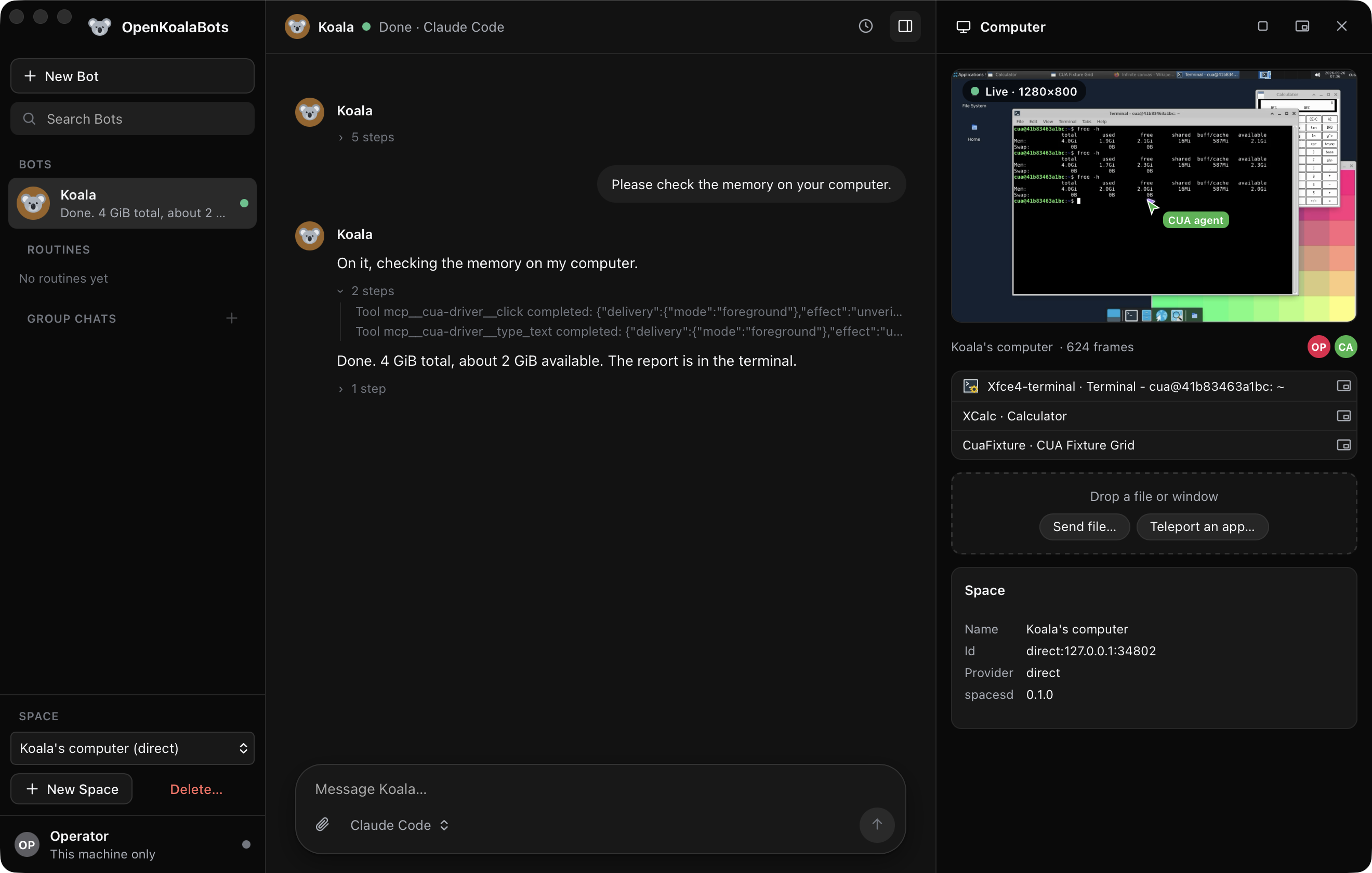 The Tauri sample: a bot's thread next to the live Space