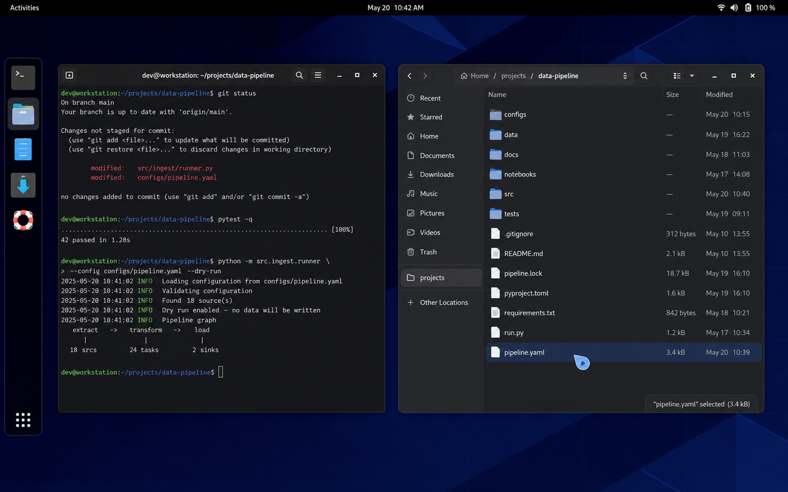 Linux desktop with a terminal and a file manager open. The pale-blue Cua cursor is moving through the file manager.